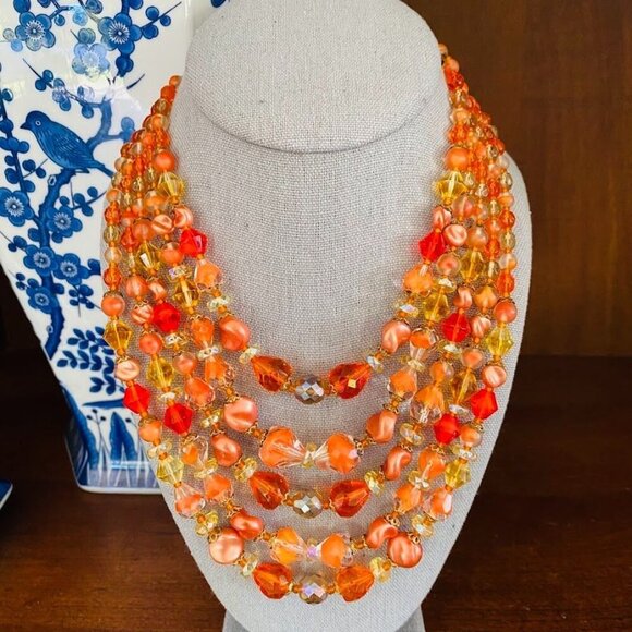 Mid-Century West German Gablonz Glass Beaded Triple Strand Necklace Floral Clasp - Picture 10 of 10